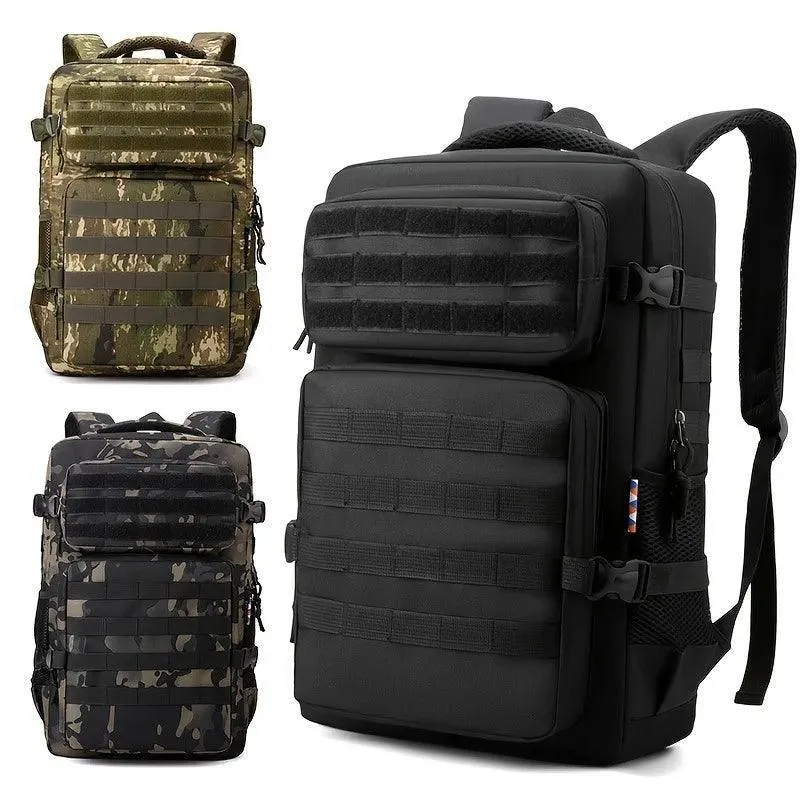 Tactical Backpack, Durable Nylon, Ergonomic Straps, Multiple Compartments, Weather-Resistant, Available in Brown Camo, Army Green, Black
